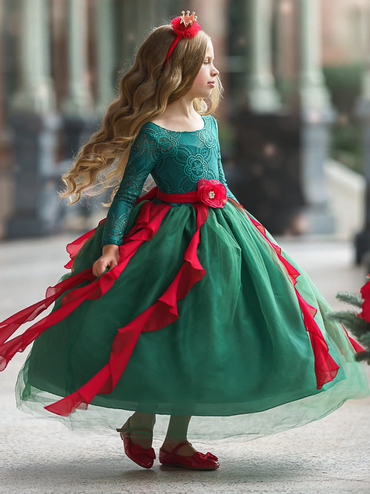 Girls Winter Formal Wear | Long Lace Sleeve Princess Holiday Gown