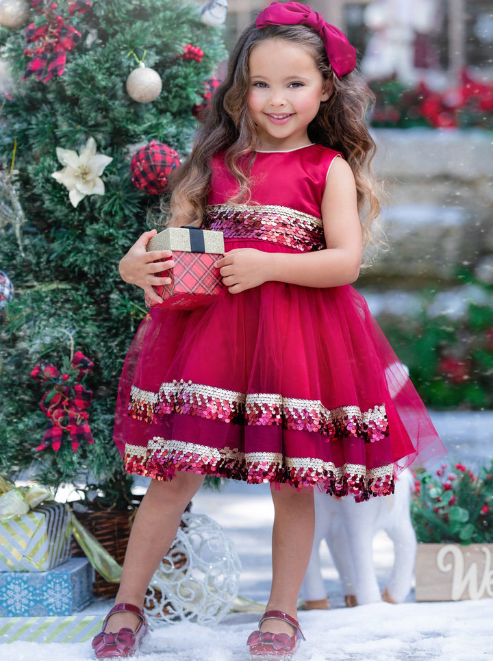 Girls Winter Formal Dress | Tiered Sequined Tulle Holiday Dress