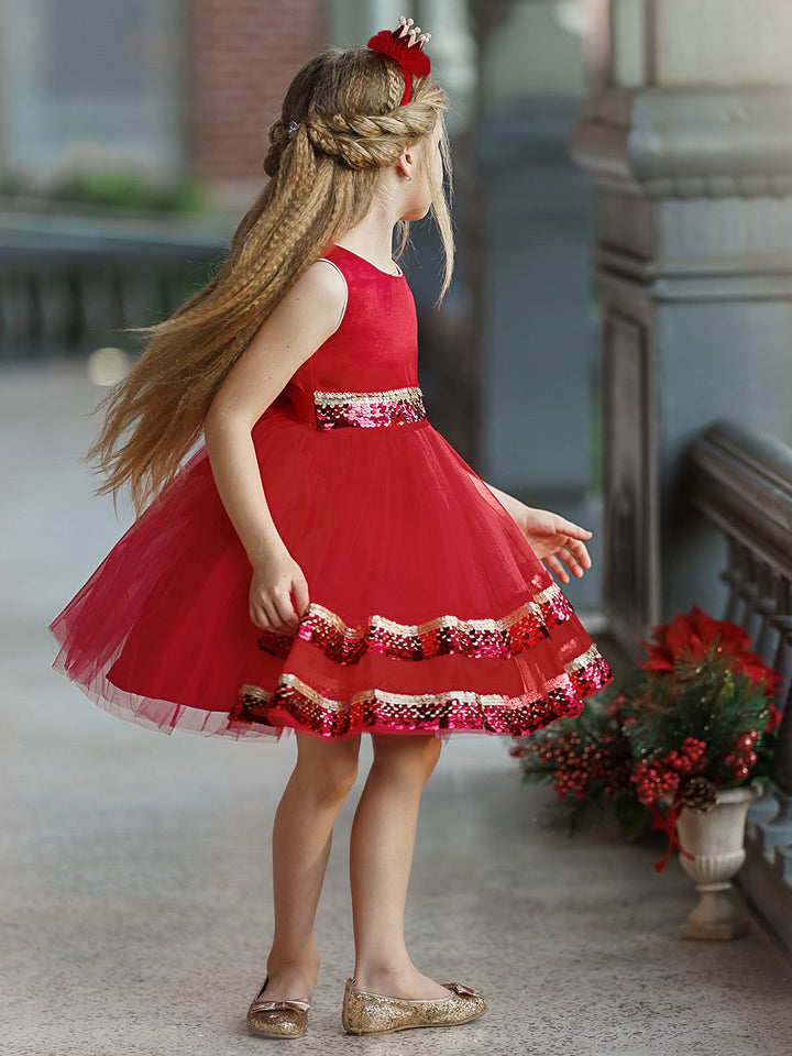 Girls Winter Formal Dress | Tiered Sequined Tulle Holiday Dress