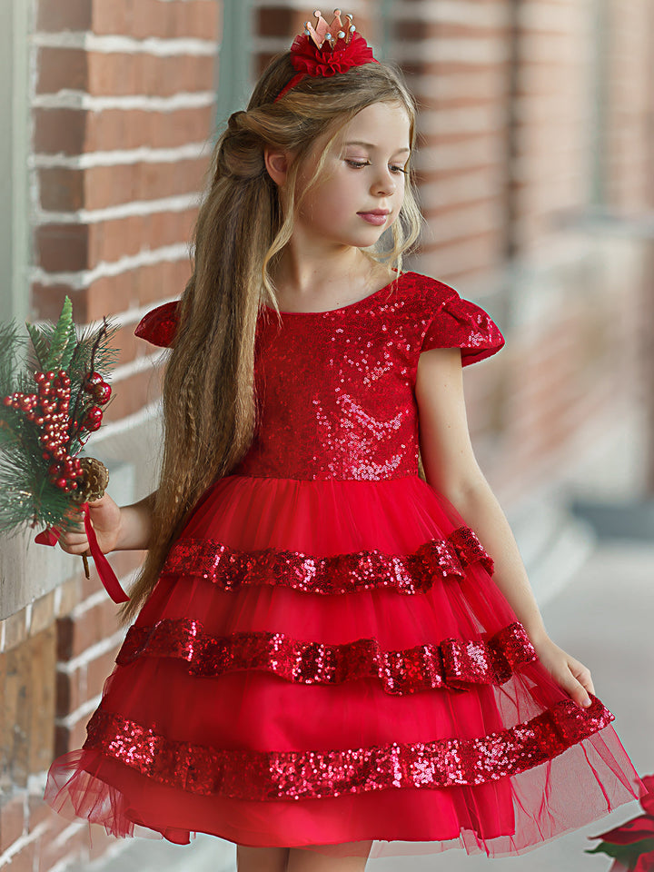 Girls Sparkle Dresses | Cap Sleeve Sequin Tulle Holiday Princess Dress