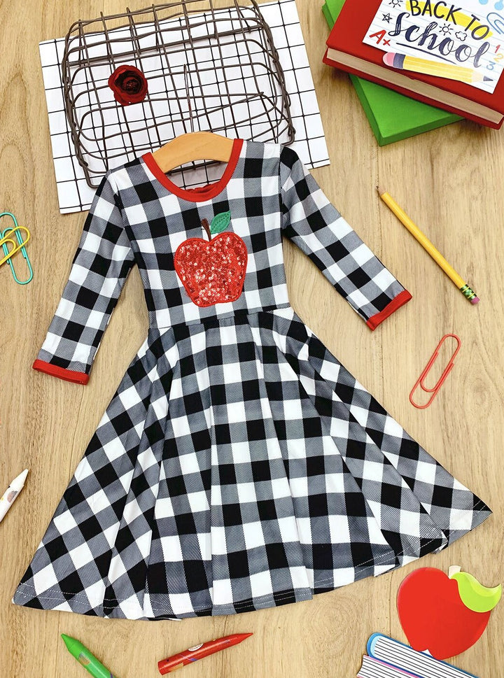 Girls Sequin Apple Scoop Back Twirl Plaid Dress | Mia Belle Girls