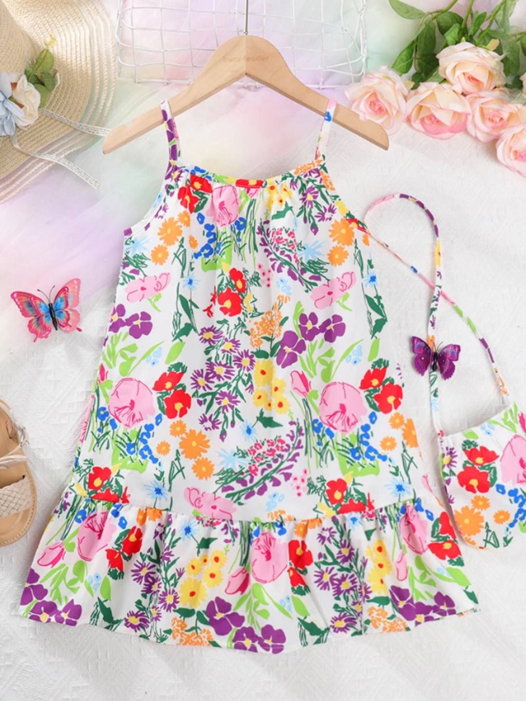 Mia Belle Girls Floral Ruffle Dress And Bag Set | Girls Spring Outfits