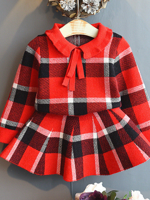 Preppy Chic Clothes | Red Plaid Sweater & Skirt Set | Mia Belle Girls