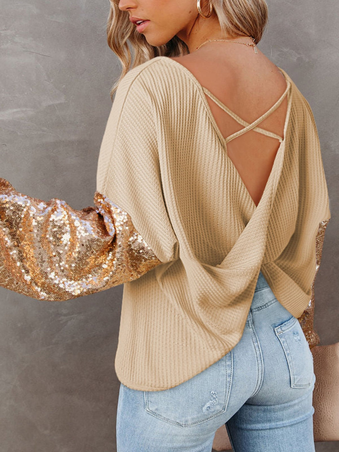 Womens Sequin Patchwork Sleeve Open Back Waffle Knit Top