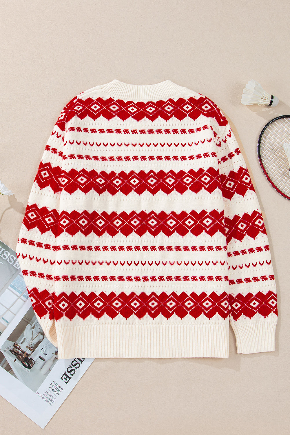 Womens White and Red Western Geometric Pattern Crew Neck Sweater