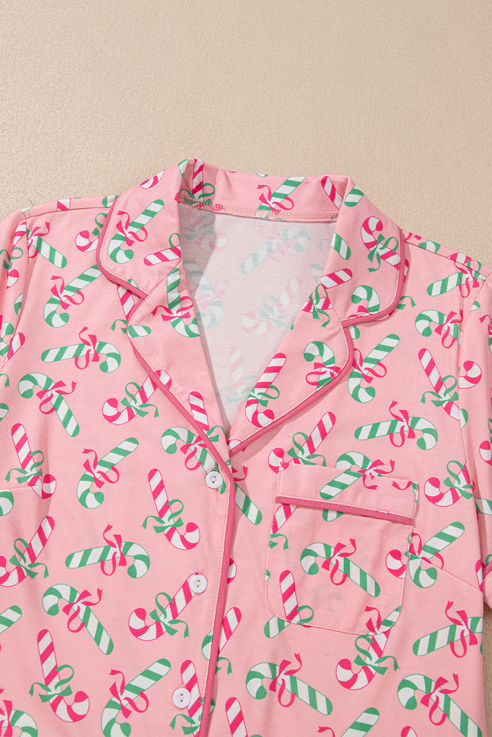 Womens Pink Christmas Candy Cane Print Pocketed Knotted Pajama Set