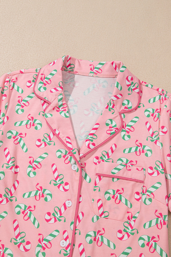 Womens Pink Christmas Candy Cane Print Pocketed Knotted Pajama Set