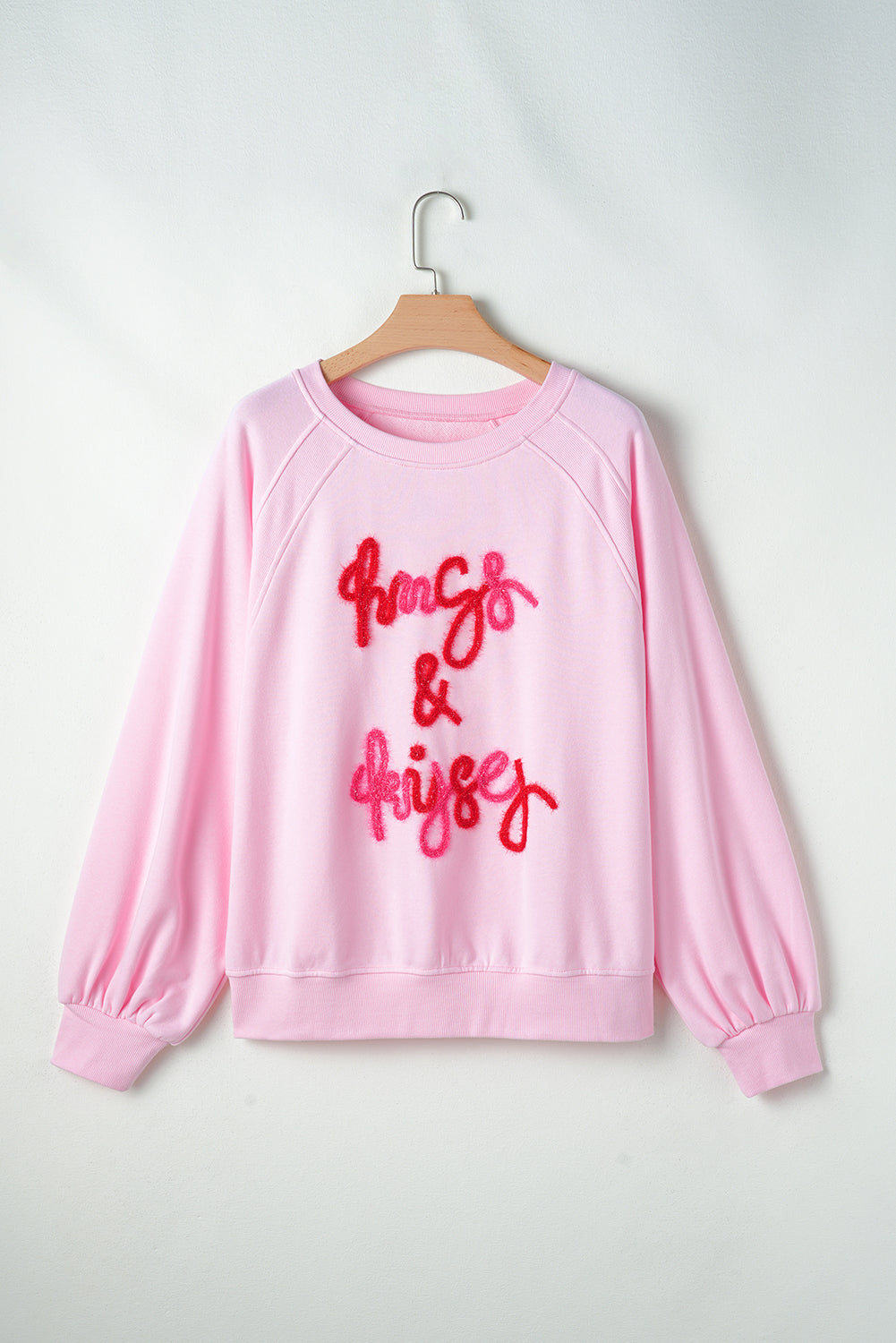 Womens Pink Hugs and Kisses Pop Up Embroidered Raglan Sleeve Sweatshirt