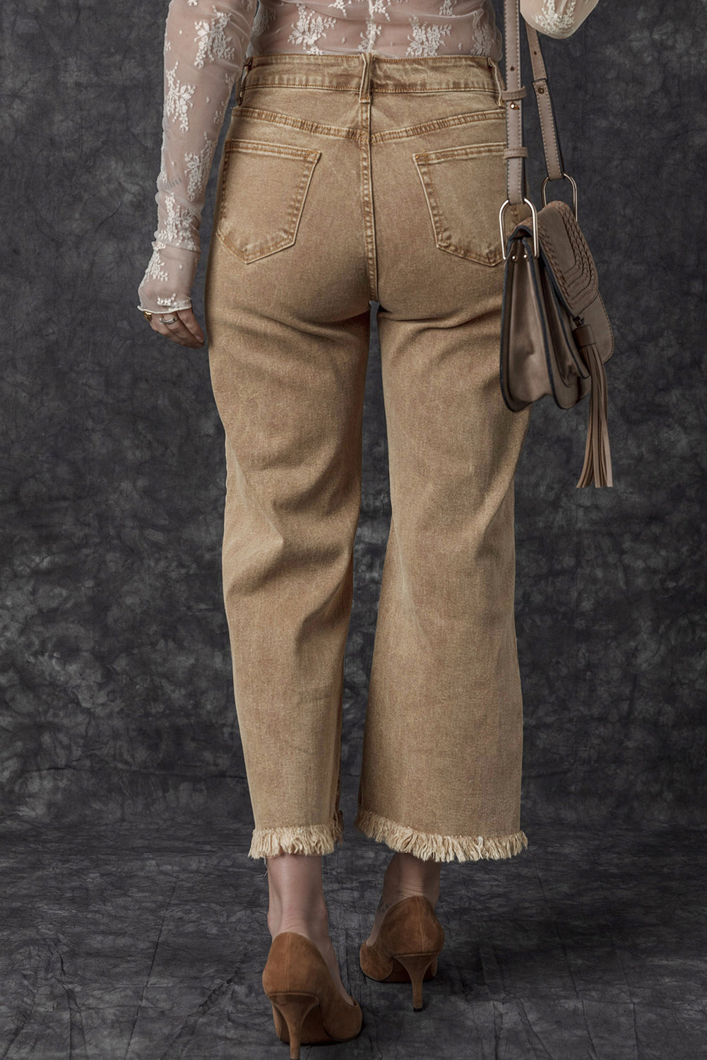 Womens French Beige Acid Washed High Rise Cropped Wide Leg Jeans