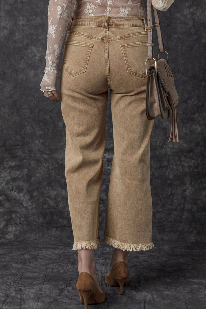 Womens French Beige Acid Washed High Rise Cropped Wide Leg Jeans