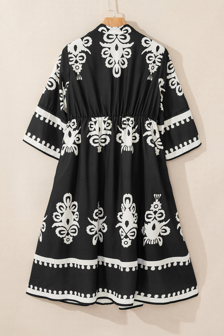 Womens Black Western Geometric Print 3/4 Sleeve Loose Midi Dress