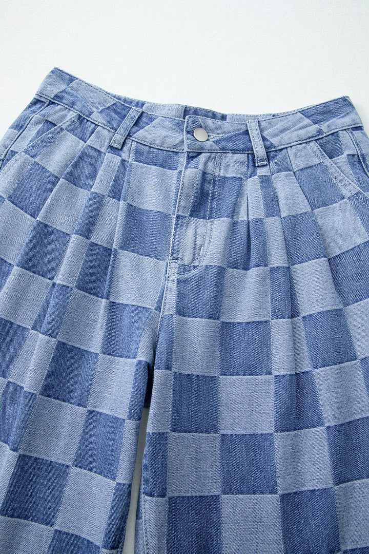 Womens  Dusk Blue Checkered Denim Wide Leg Jeans