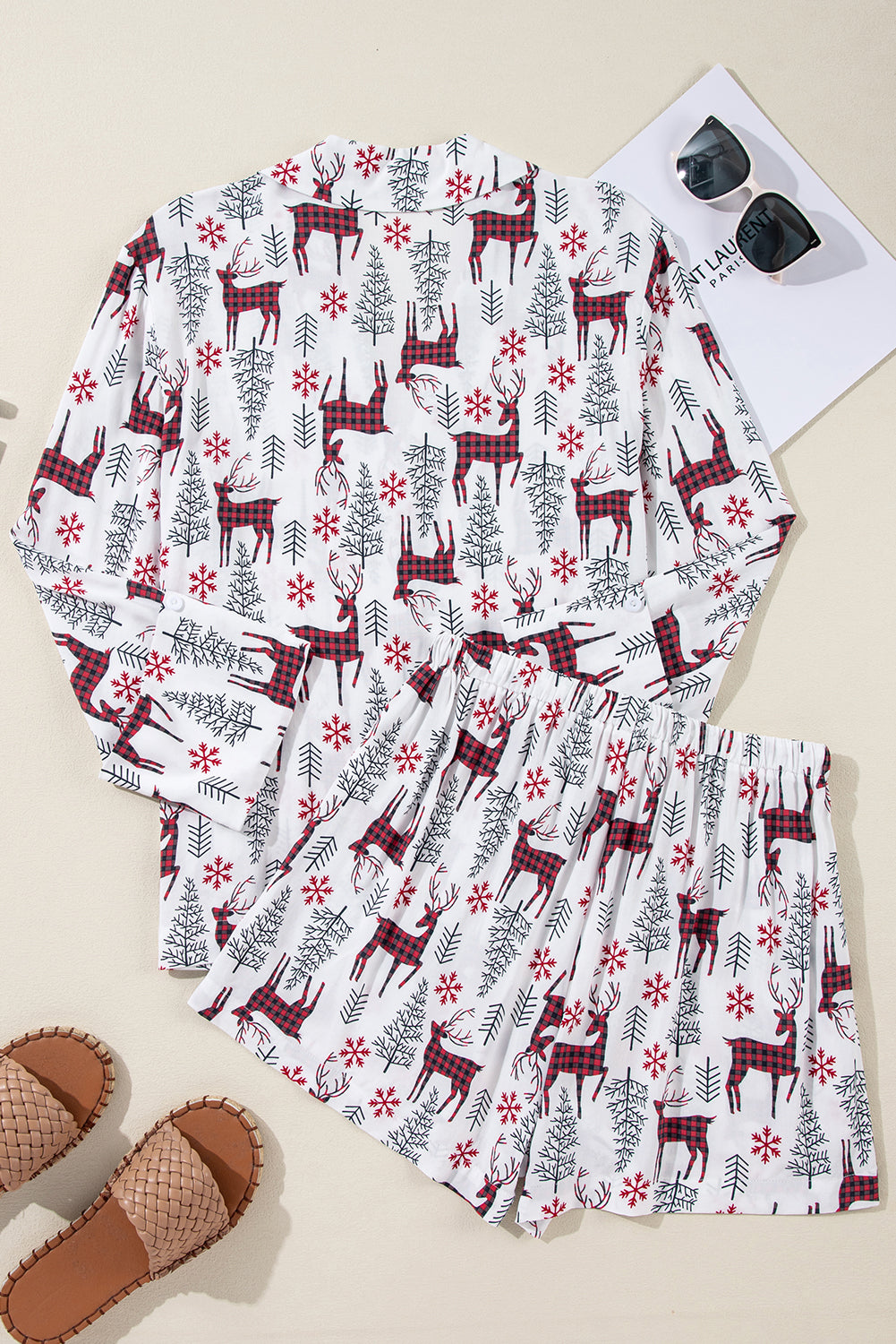 Womens White Christmas Deer Printed Shirt and Shorts Pajama Set