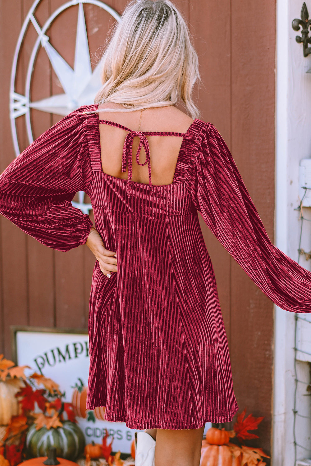 Womens Festive Red Velvet Tie Back Square Neck Babydoll Dress