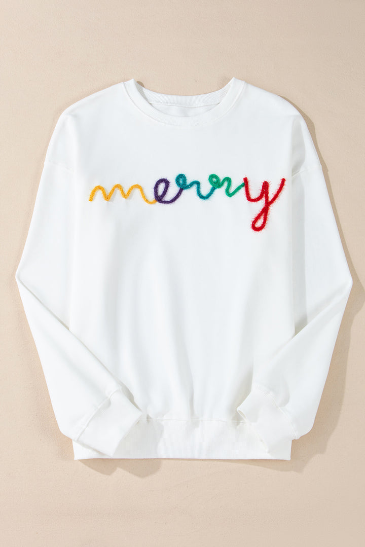 White MERRY Embroidered Pullover Sweatshirt