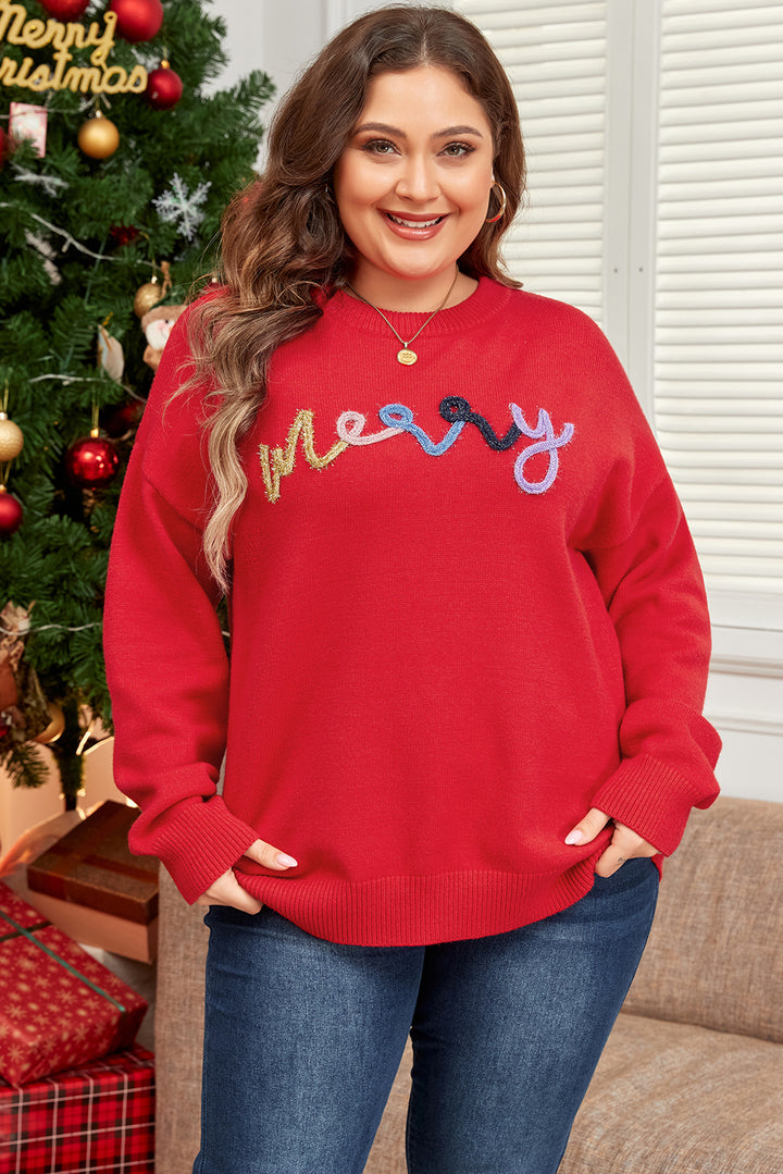 Womens Red Tinsel "Merry" Pattern Drop Shoulder Plus Size Christmas Sweater