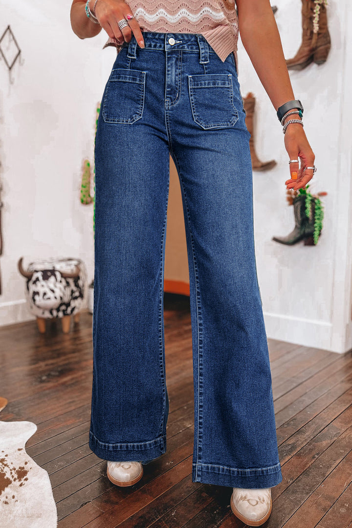 Womens  Blue Wide Leg Pocketed High Waist Jeans