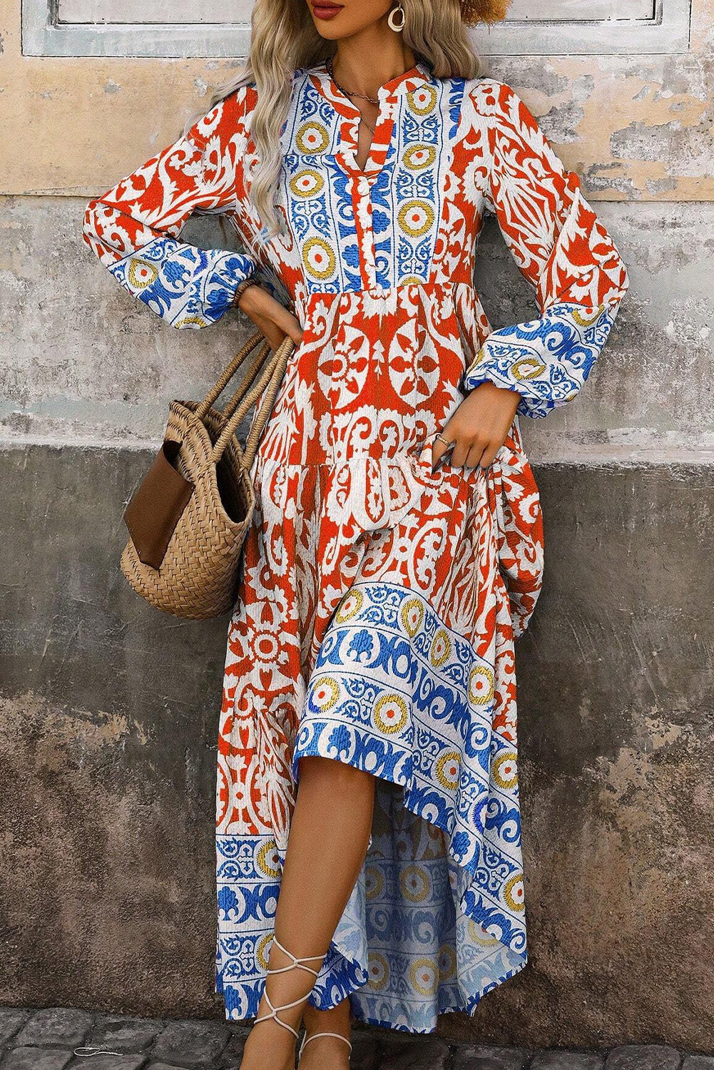 Womens Orange Boho Geometric Printed Long Sleeve Maxi Dress