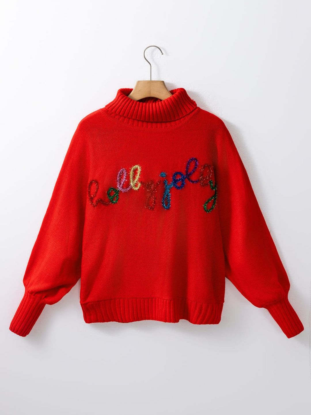 Womens Festive Red Holly Jolly Turtleneck Christmas Sweater