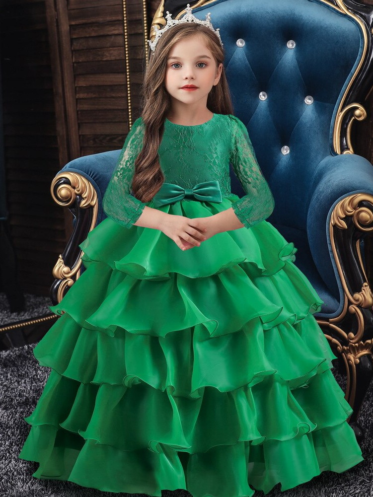 Girls Winter Holiday Dress | 3/4 Sleeve Lace Ruffle Formal Gown