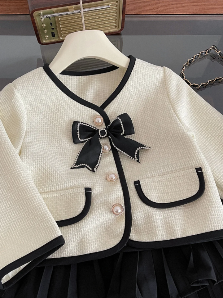 Girls Elegant Long Sleeve Bow Jacket  and Pleated Skirt Set