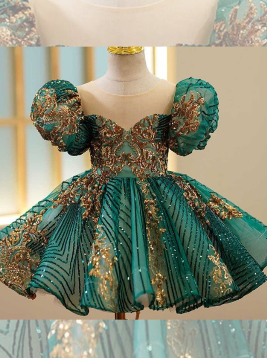 Green & Gold Sequin Dress| Little Girls Formal Dress - Mia Belle Girls