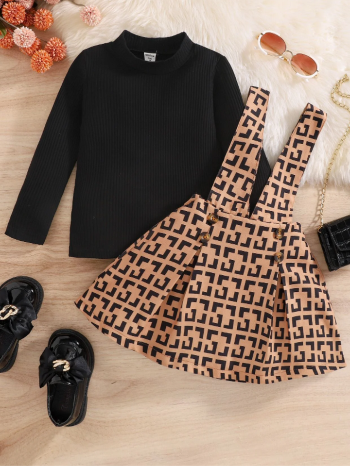 Elegant Girls' Dress Set with Patterned Skirt and Long-Sleeve Top