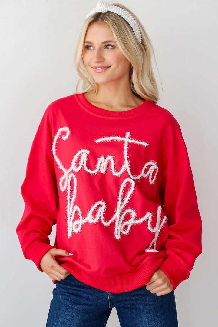 Womens Red Christmas Santa Baby Tinsel Graphic Sweatshirt