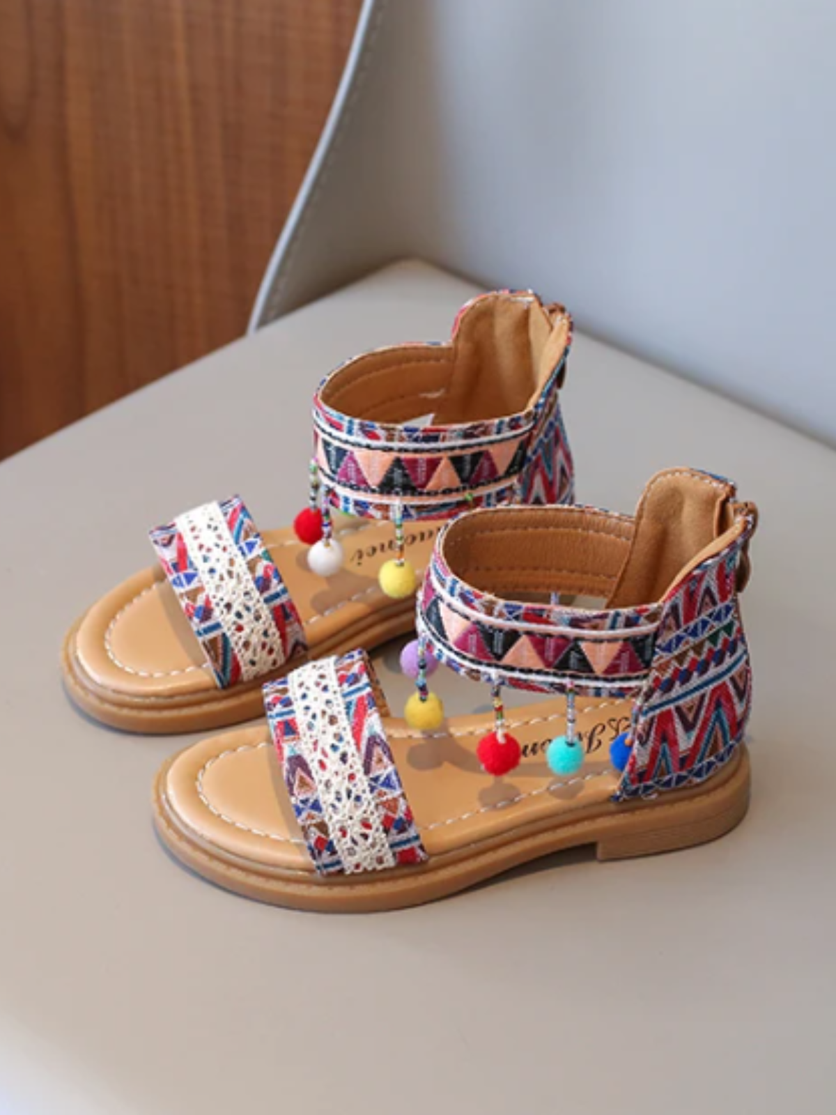 Girls' Boho Tribal Print Sandals with Pom-Poms By Liv and Mia