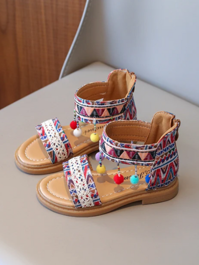 Girls' Boho Tribal Print Sandals with Pom-Poms By Liv and Mia