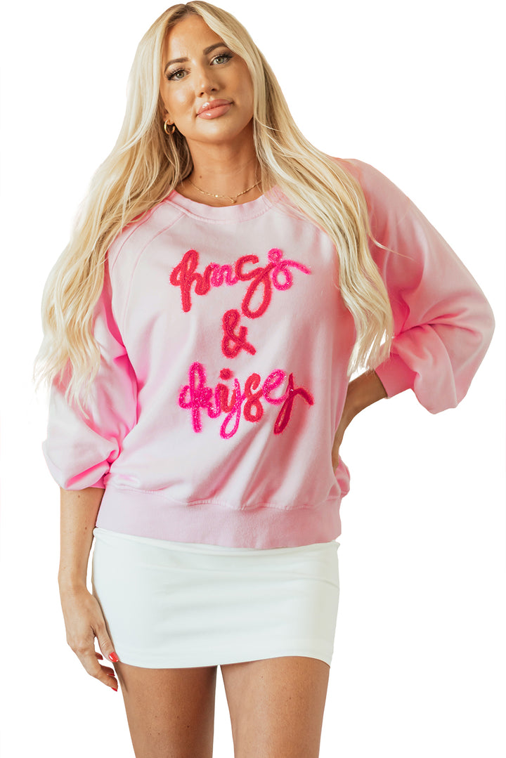 Womens Pink Hugs and Kisses Pop Up Embroidered Raglan Sleeve Sweatshirt