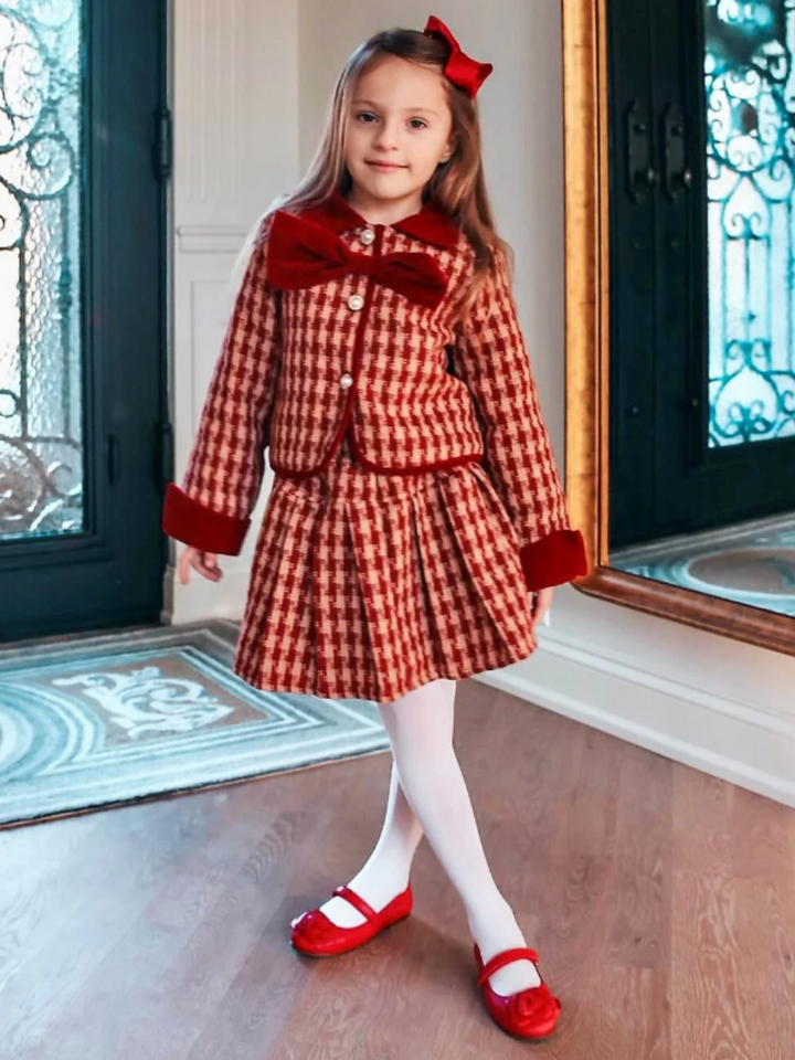 Adorable Red Velvet and Plaid Girls' Skirt and Jacket Set with Pearl Buttons