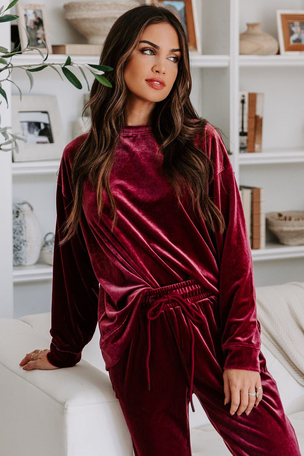 Womens Luxurious Burgundy Velvet Two-Piece Lounge Set