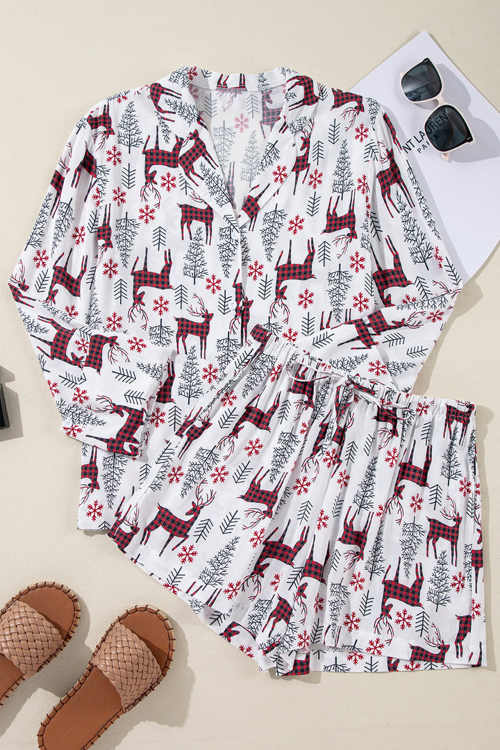 Womens White Christmas Deer Printed Shirt and Shorts Pajama Set