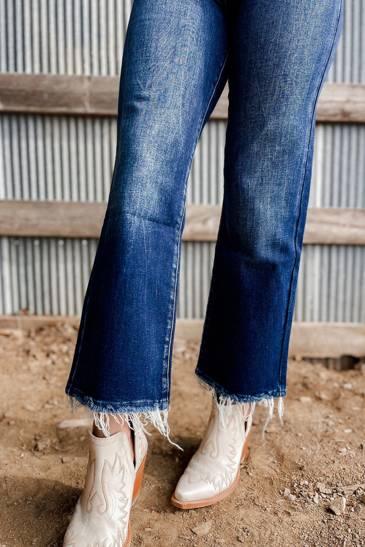 Womens High-Rise Vintage Flare Denim with Frayed Hem