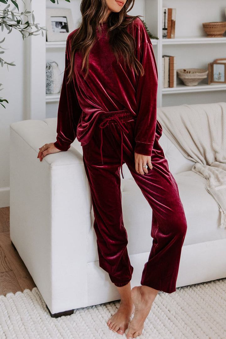 Womens Luxurious Burgundy Velvet Two-Piece Lounge Set