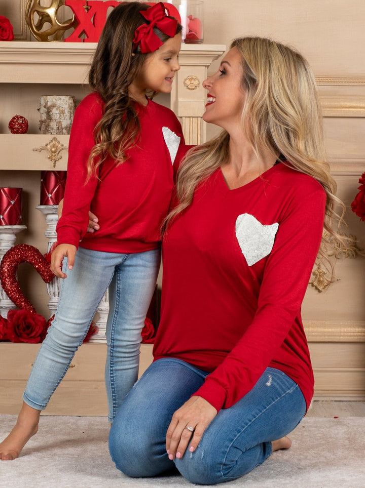 Mommy and Me Matching Tops | Sequin Heart Red Long Sleeve Top