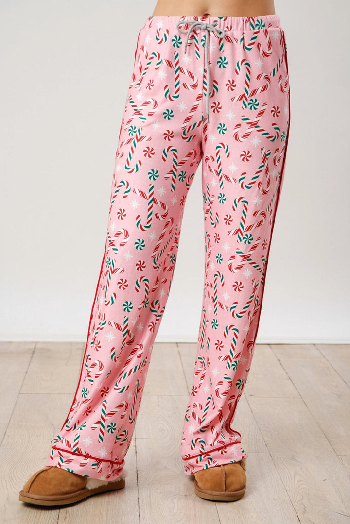 Womens Pink Christmas Candy Cane Print Lapel Collar Shirt and Pants Two Piece Pajamas Set