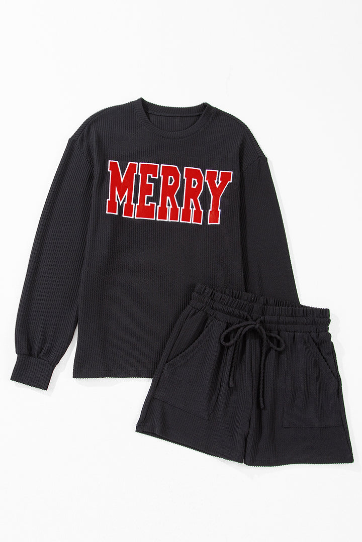 Womens Black Corded MERRY Graphic Long Sleeve Top and Shorts Set