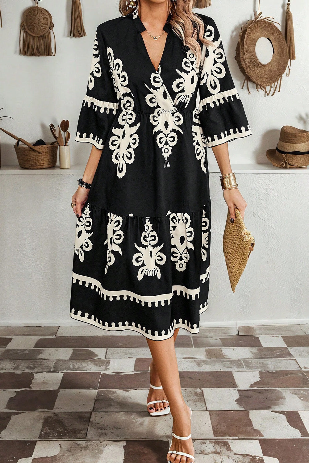 Womens Black Western Geometric Print 3/4 Sleeve Loose Midi Dress