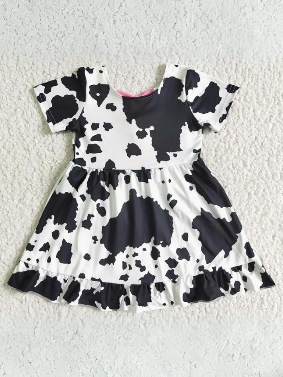 Mia Belle Girls Cow Print Ruffle Dress | Girls Spring Dresses