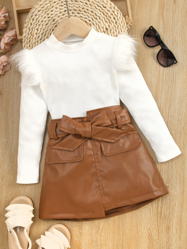 Toddler Outfits | Long Sleeve Fur Shoulder Top & Leather Skirt Set