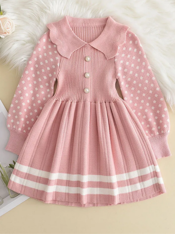 Adorable Polka Dot Sleeve Knit Dress with Elegant Pleats