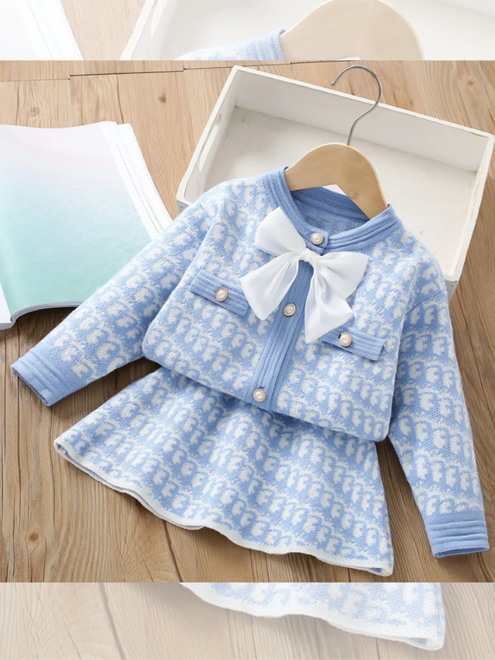 Charming Knitted Girls' Bow-Accent Jacket and Skirt Set