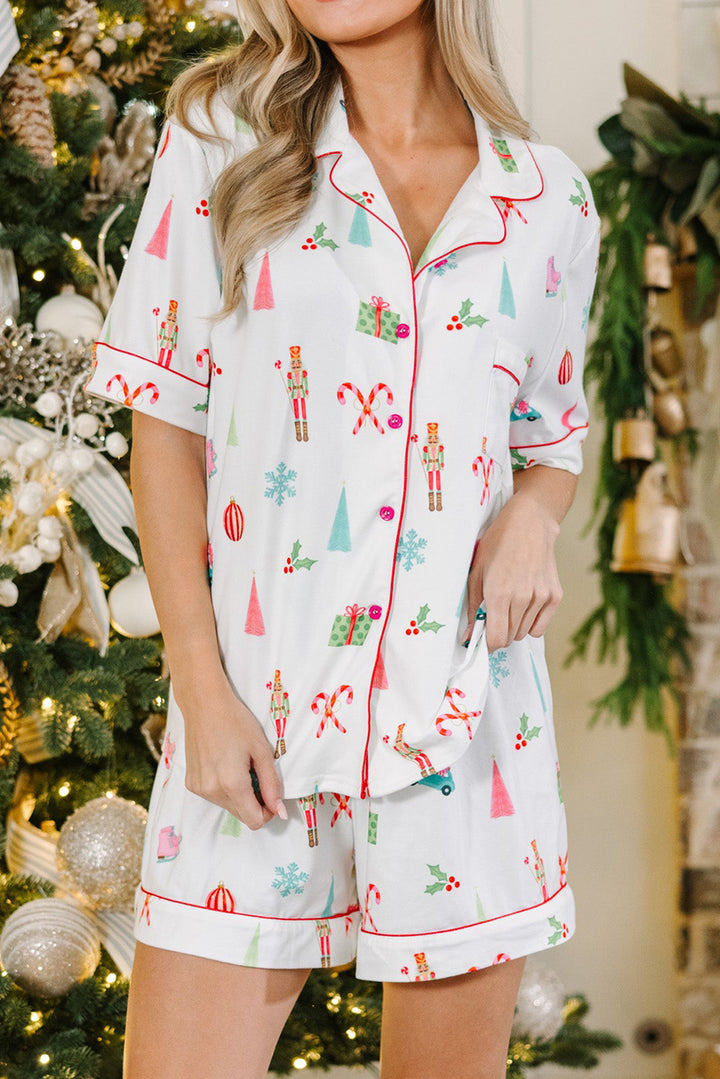 Womens Nutcracker and Candy Cane Print Christmas Short Pajama Set