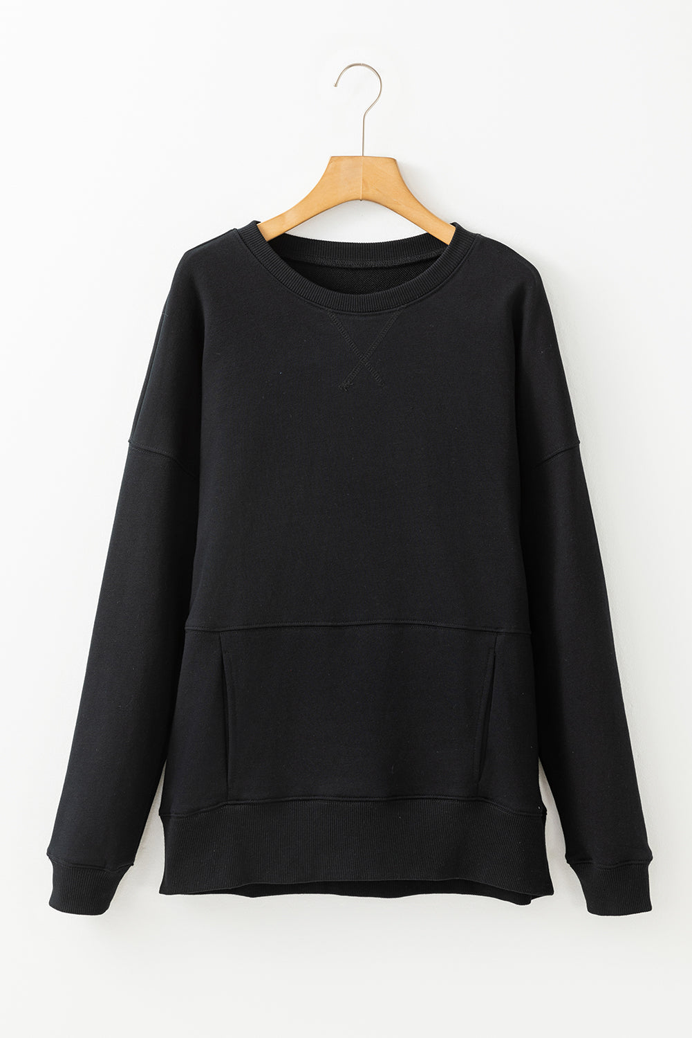 Womens Black Drop Shoulder Crisscross Stitching Pocketed Loose Sweatshirt