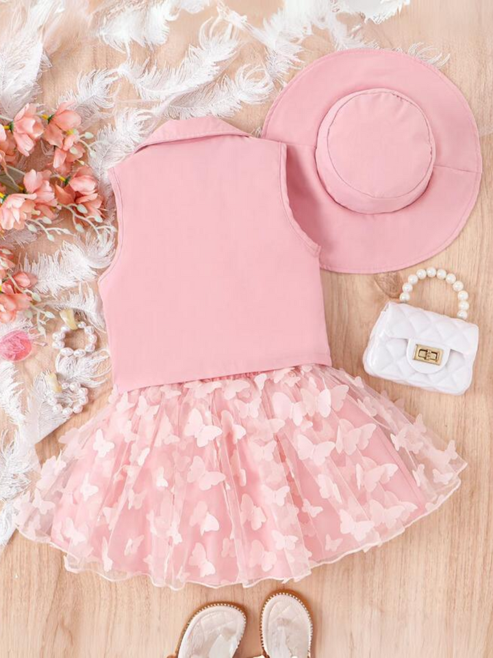 Pink Vest, Top, And Butterfly Skirt Set | Mia Belle Girls Spring Sets