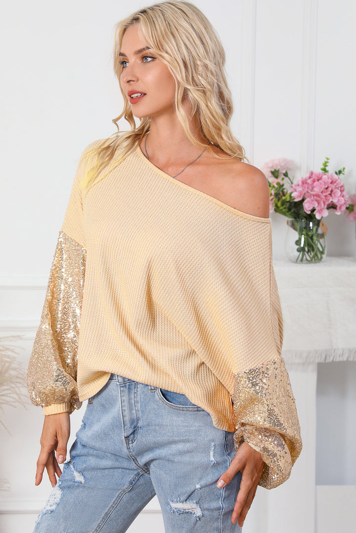 Womens Sequin Patchwork Sleeve Open Back Waffle Knit Top