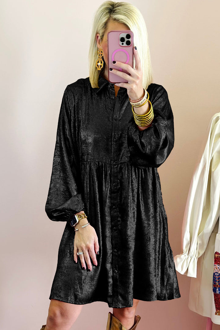 Womens Black Metallic Sheen Puff Sleeve Button Up Mini Shirt Dress