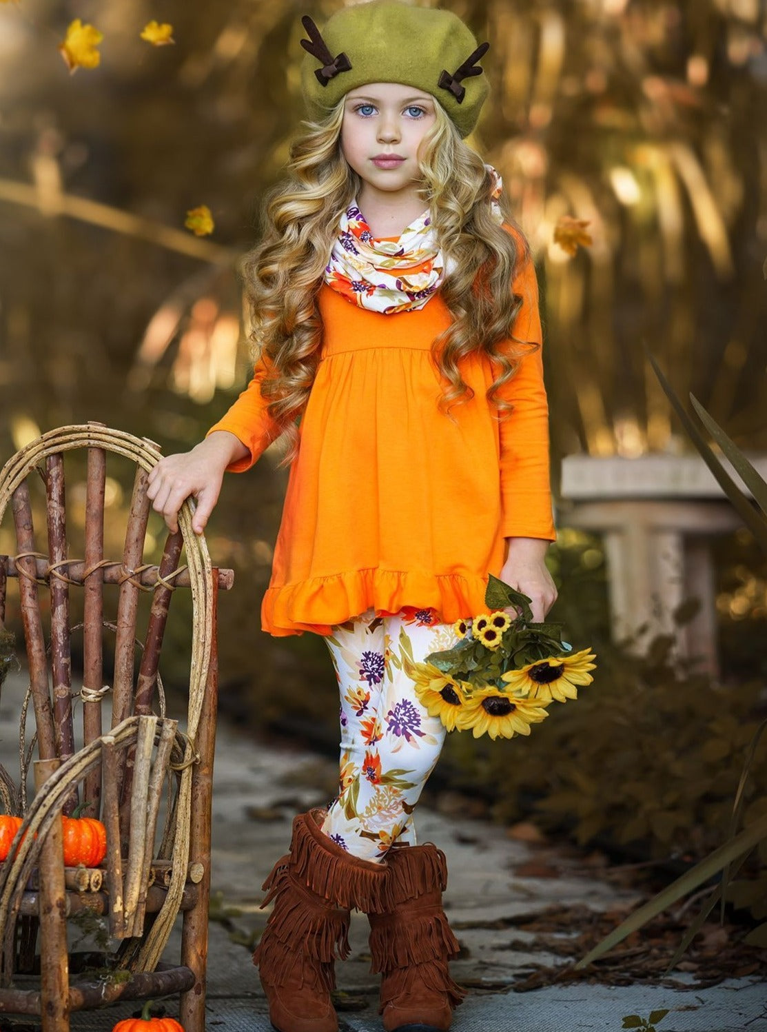 Fancy Fall Florals Tunic Leggings and Scarf Set Mia Belle Girls